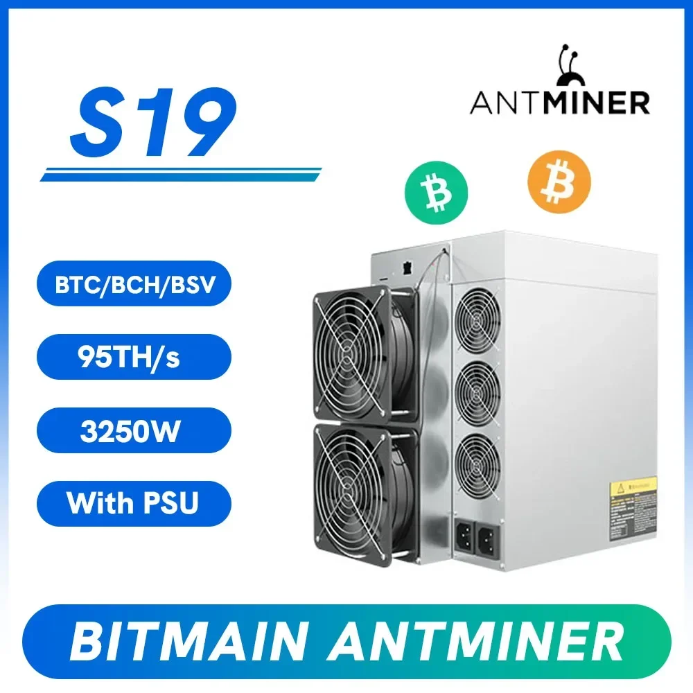 New Bitmain Antminer Miner S19 95Th/s 3250W S19pro SHA-256 Bitcoin Mining BTC Asic Miner Mining Machine with PSU