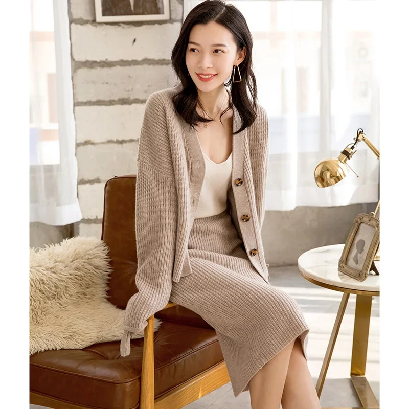 aliaga Europe fashion autumn winter 100% cashmere cardigan women\'s knitted jacket skirt thick warm two-piece cashmere suit