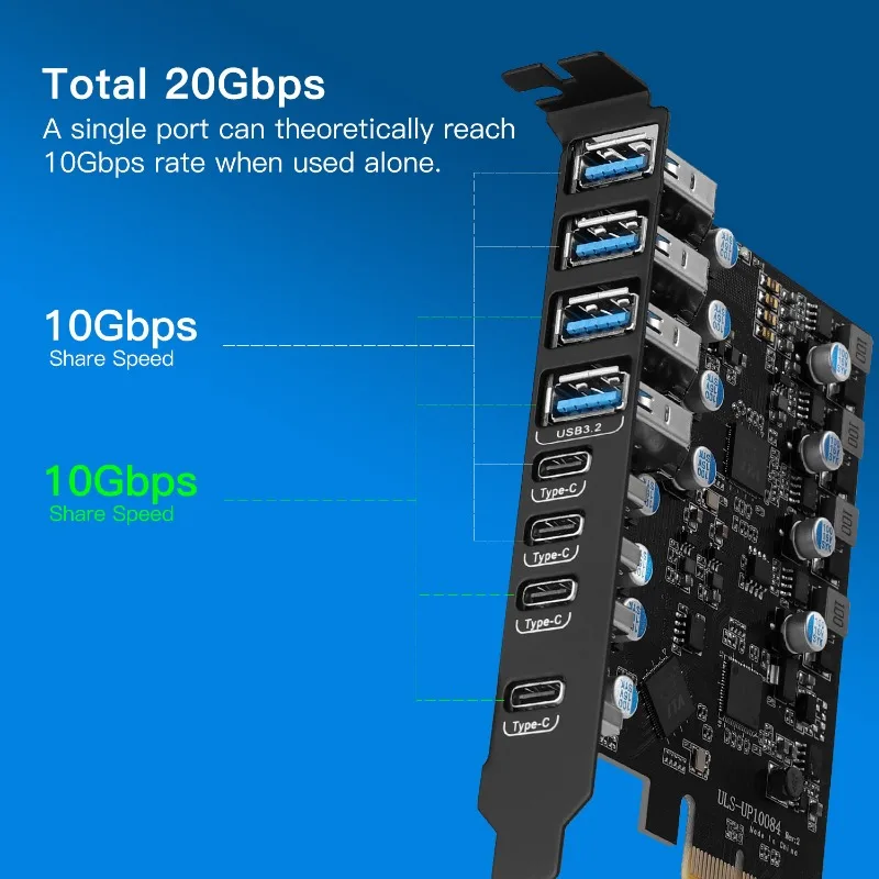 High-speed 20Gbps PCIE X4 To USB 3.2 Expansion Card for Desktop - 4 Type-A and 4 Type-C USB Ports