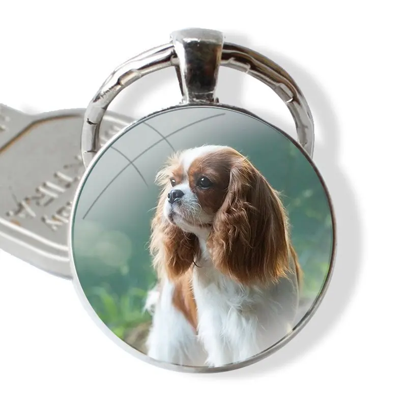 Keychain Handmade Glass Cabochon Key Ring Holder Pendant Key Chains Gift Fashion Cartoon Funny Cavalier King Charles Spaniel Dog