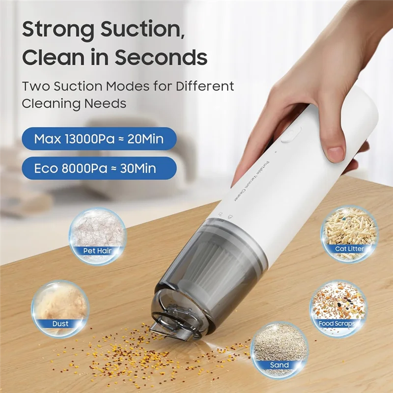ABVI-aspiradora de mano para coche, inalámbrica, 13000 PA, potencia de succión, Mini aspiradora portátil para coche, hogar, oficina y pelo de mascota blanco
