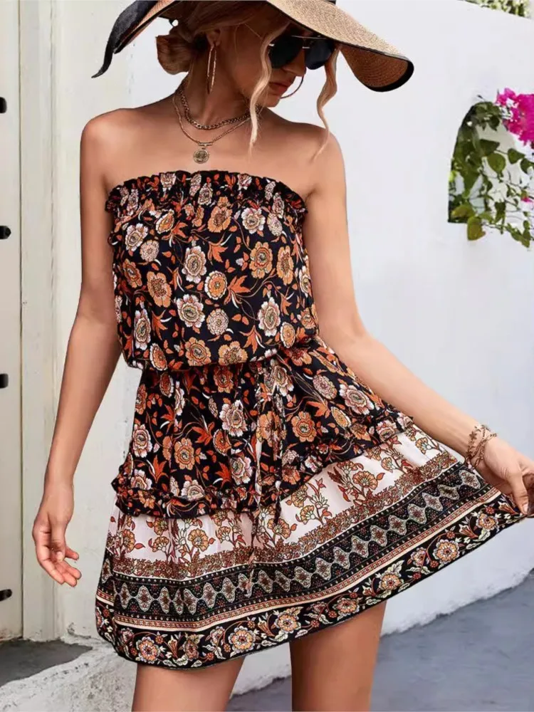 

New Women's Summer Fashion Bohemian Floral Tattered Fabric Sexy Sleeveless Chest Tied Waistband Casual Loose Short Dress