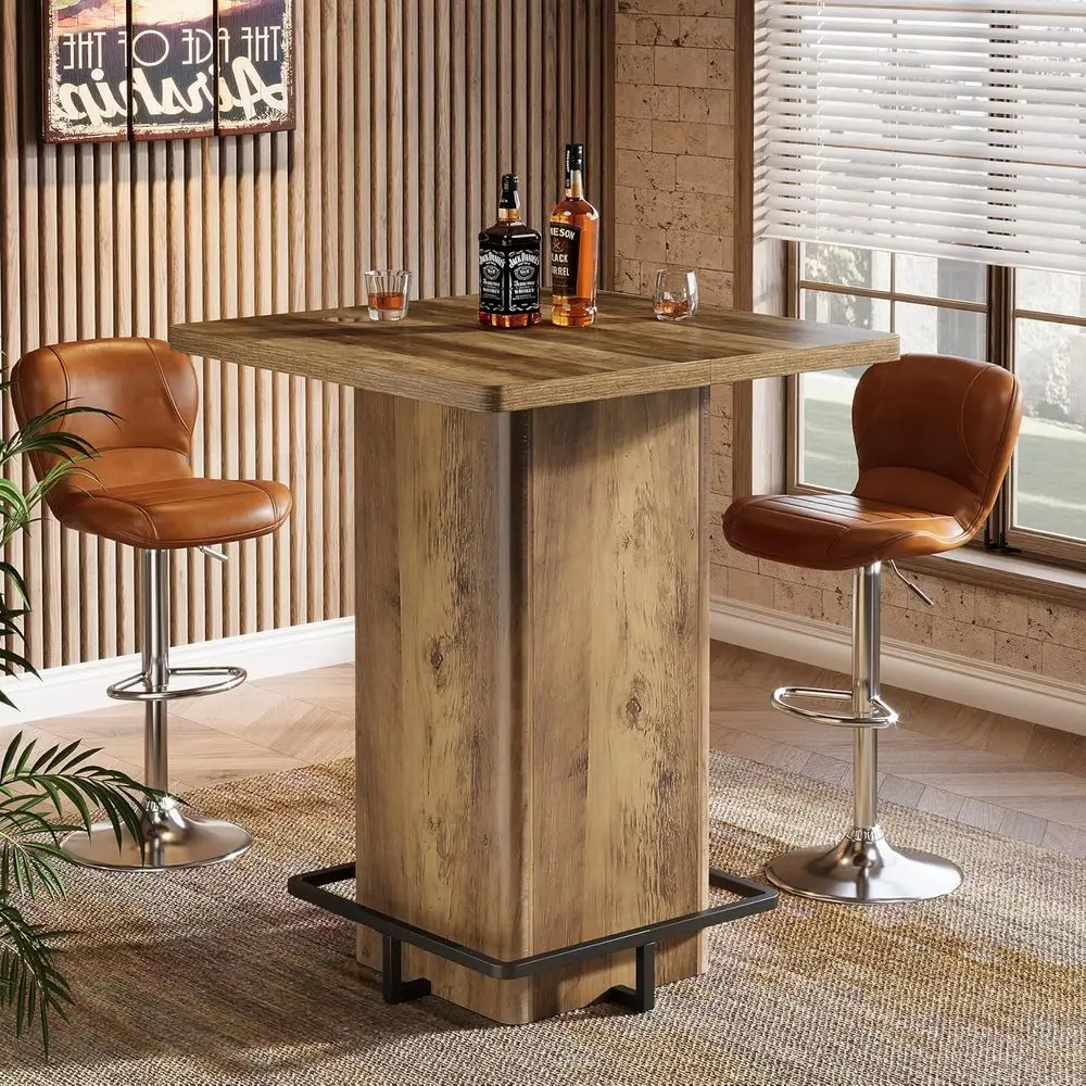 

39.37 High Square Wooden Bistro Pub Table with Metal Footrest for Dining, Coffee, Living Room - Brown
