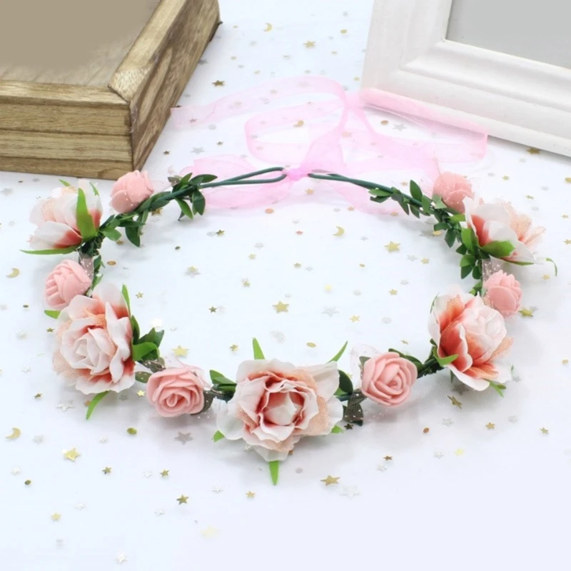 Women Elegant Rose Flower Headband with Adjustable Ribbon Wreath Crown Floral Wedding Hair Garland for Activities Party