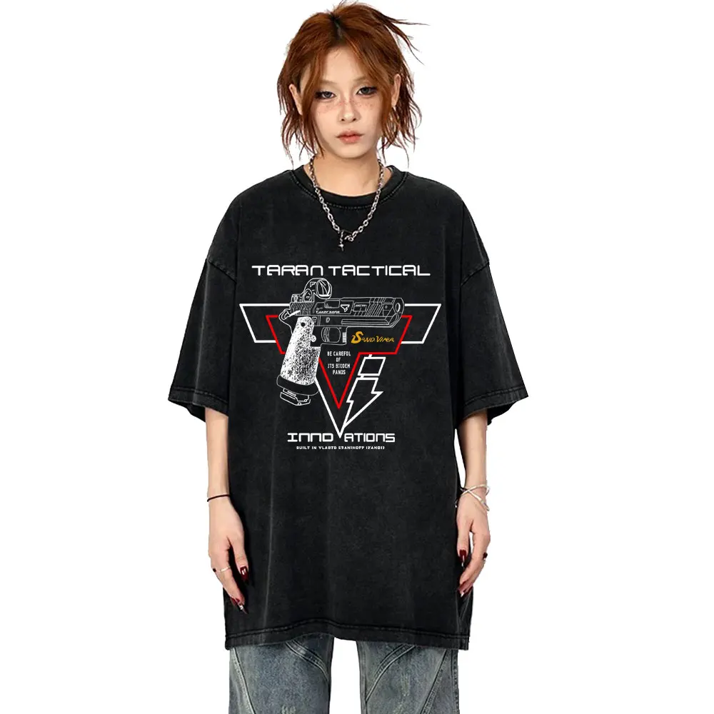 

Taran Tactical Pistol Print Super Elastic Vintage Washed T-shirt Men Women Fashion Oversized Streetwear Male Casual Cotton Tops