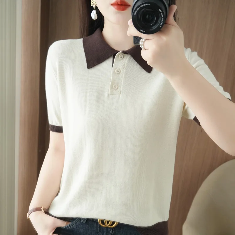 

100% pure cotton T-shirt women's knitted short sleeved casual splicing POLO collar Tees loose Blouse basic versatile Tops Jumper