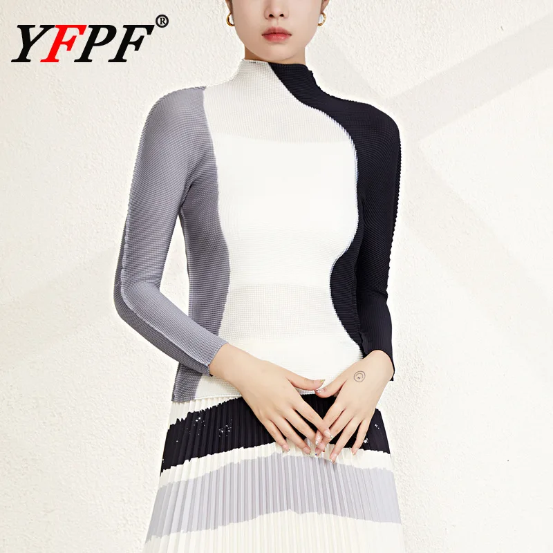 

YFPF Miyake плиссированная модная футболка женская контрастная цветная печать с длинным рукавом тонкий пуловер блузка повседневная 2023 новая одежда
