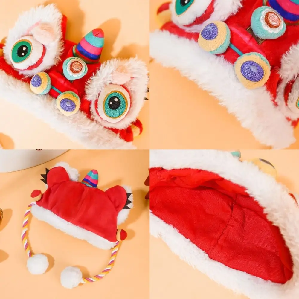 Kawaii Cute Dance Lion Plush Dog Cat Hat Soft Warm Pet Headwear Dress up Supplies Red Holiday Costumes for New Year