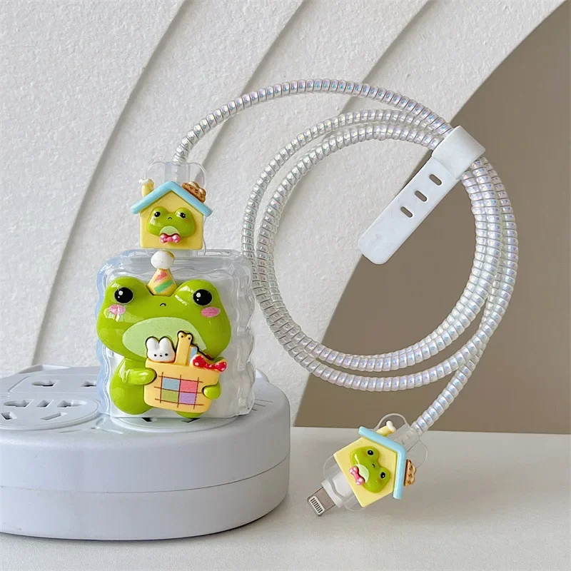 Cute Frog Design Charger Cable Protector Cover Case for IPhone 15 14 13 18/20W Original Charger Data Cord Winder Protective