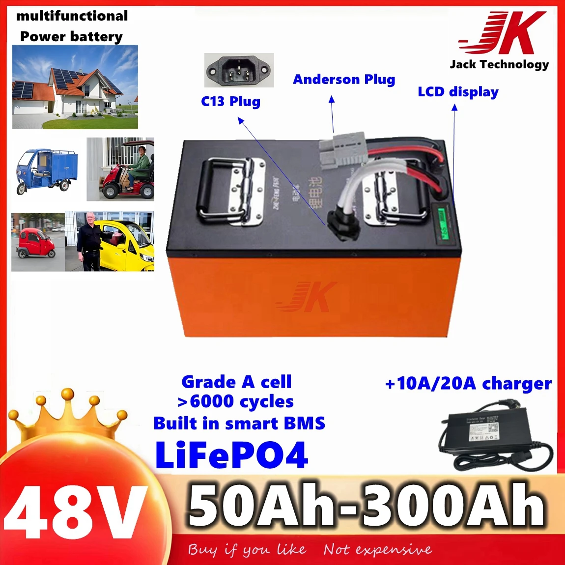 

JK multifunctional Solar energy 48V 200Ah LiFePO4 Battery 9KW 10KW for scooter 3000W 5000W lawn mower Solar System Golf Cart RV