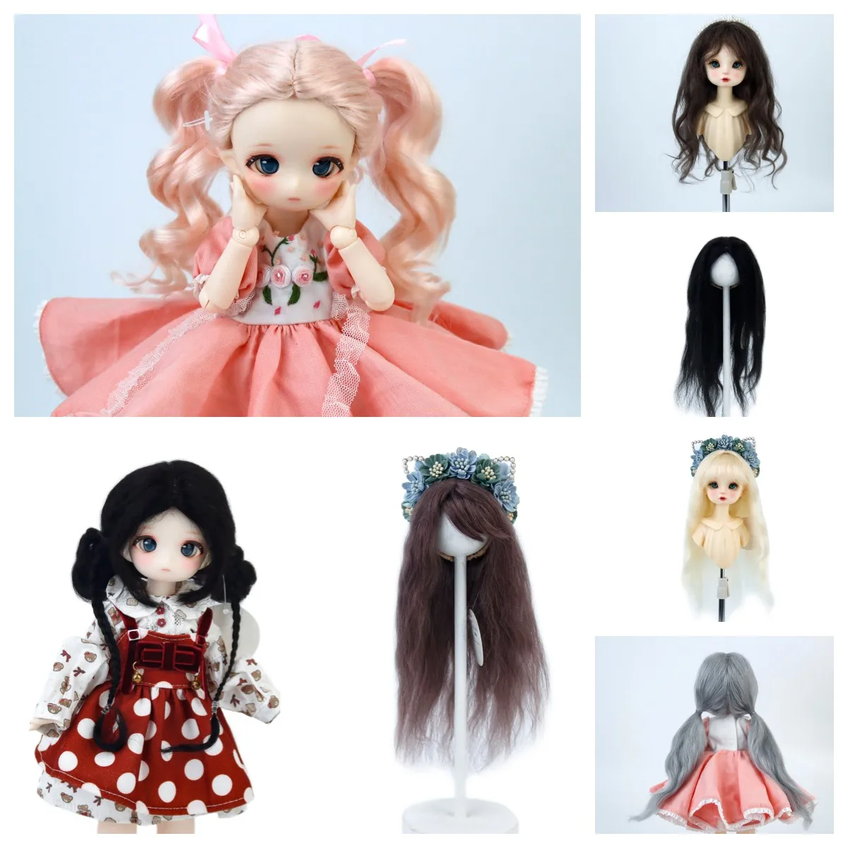 

1/6 Mohair BJD Doll Wigs 6-7'' Head Circumference Natural Color Pigtails Pink Black For MSD SD Doll Accessories Hair