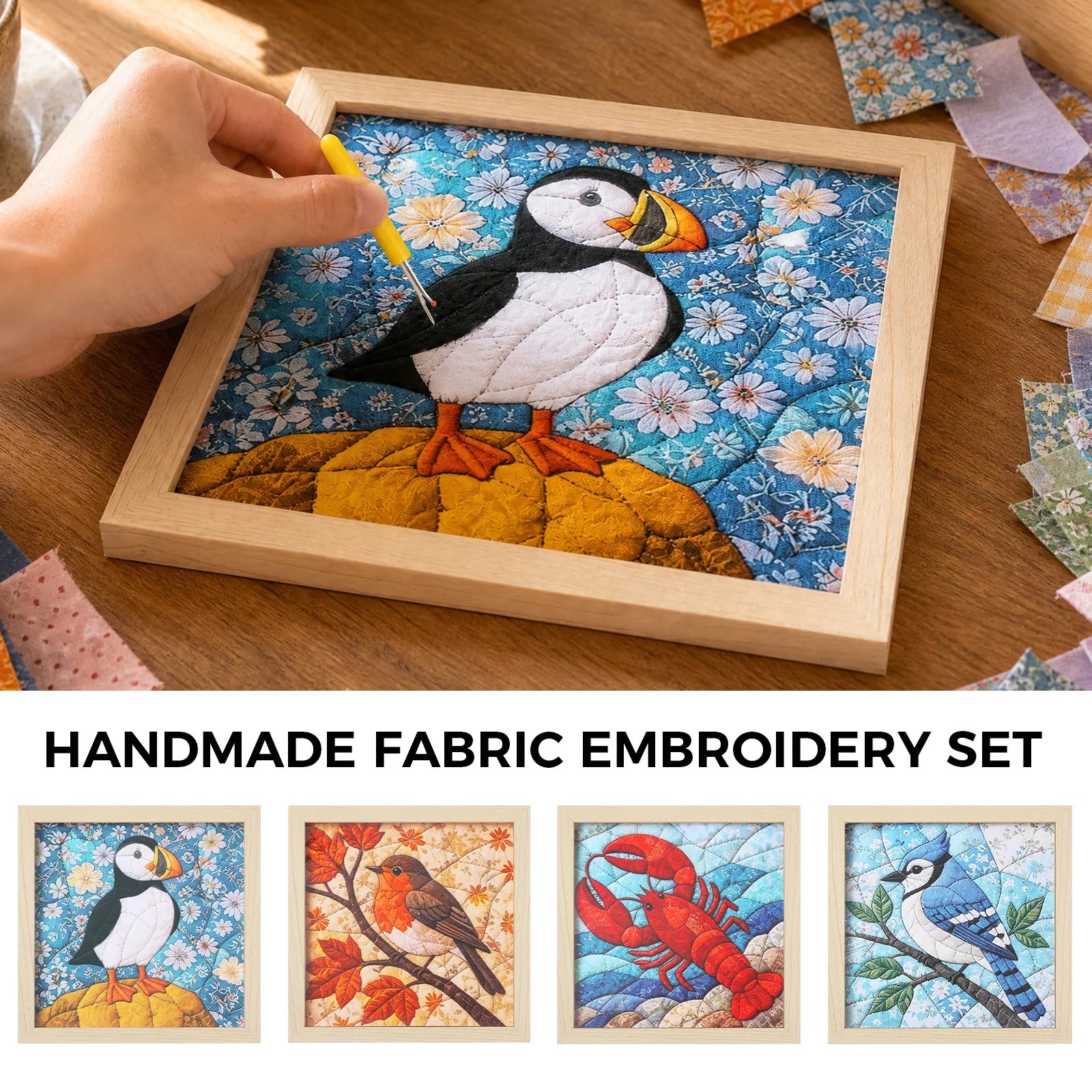 DIY Kinusaiga Stoffkunst-Bastelset – Kinusaiga Stoffkunst-Set ohne Nähen – Dekoratives gerahmtes Stoffmosaik-Kunstset für Wohnungsakzente