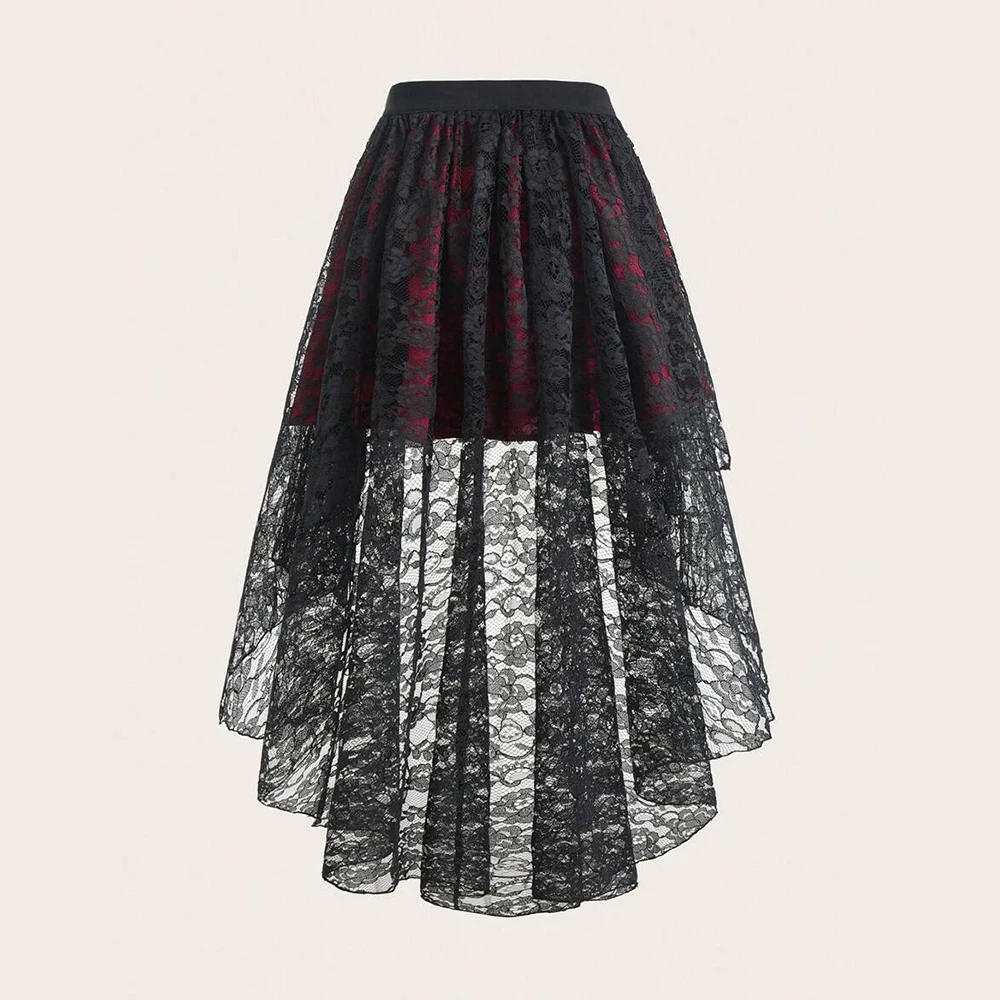 Plus Size Gothic Elegant Women Skirt Lace Front Short Back Long Fashion Irregular Hem High Waist Female Vacation Fashion Skirts