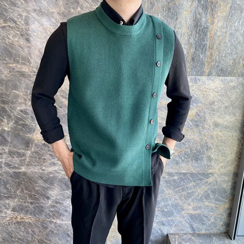 Men\'s Clothing Green Knit Sweater Male Crewneck Sleeveless Business Waistcoat Vest Round Collar Elegant Classy Fashion 2024 Tops