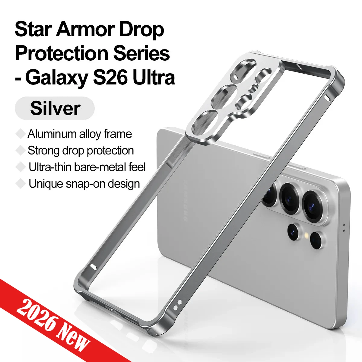 

New Aluminum Alloy Frame Rugged Armor Case for Samsung Galaxy S26 Ultra S26Plus Bare Metal Feel Four-coner Shockproof Hard Cover