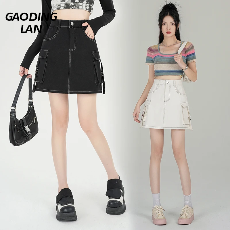 

GAODINGLAN Vintage with Lining Women Short Denim Skirt Summer High Waist Versatile Jean Skirts Female Slim Hip Wrap Mini Skirt