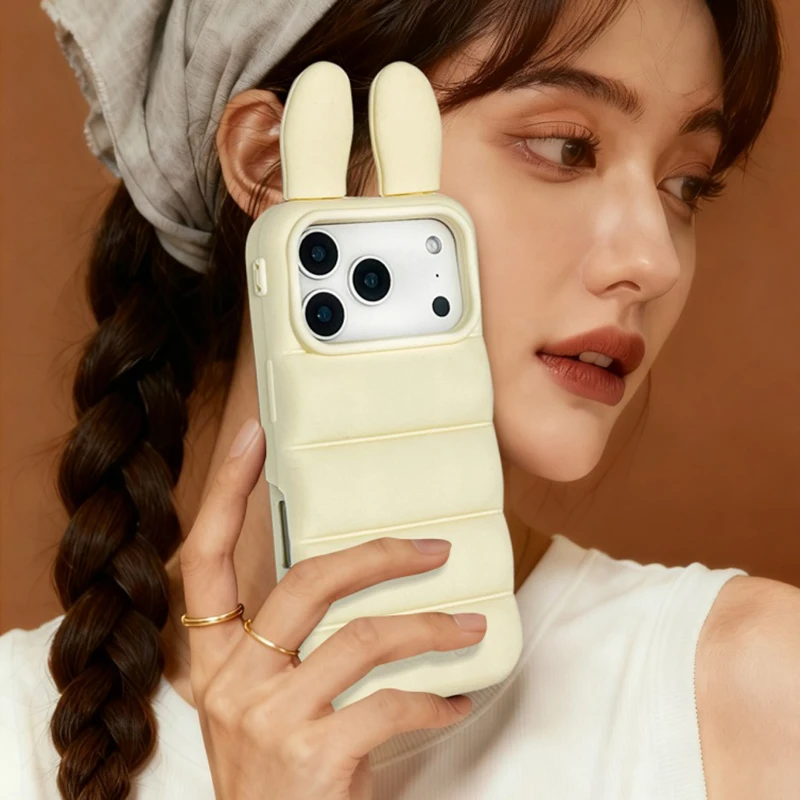 

Popular Funny 3D Ear Devil Horns Soft Silicone Phone Case For iPhone 13 14 15 16 17 Pro Max Down Jacket Pattern Back Cover