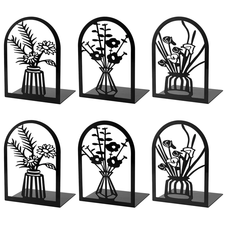 3 Pairs Metal Bookends, Flower Book Ends For Shelves Decorative, Book Stopper For Heavy Books, For Home Office