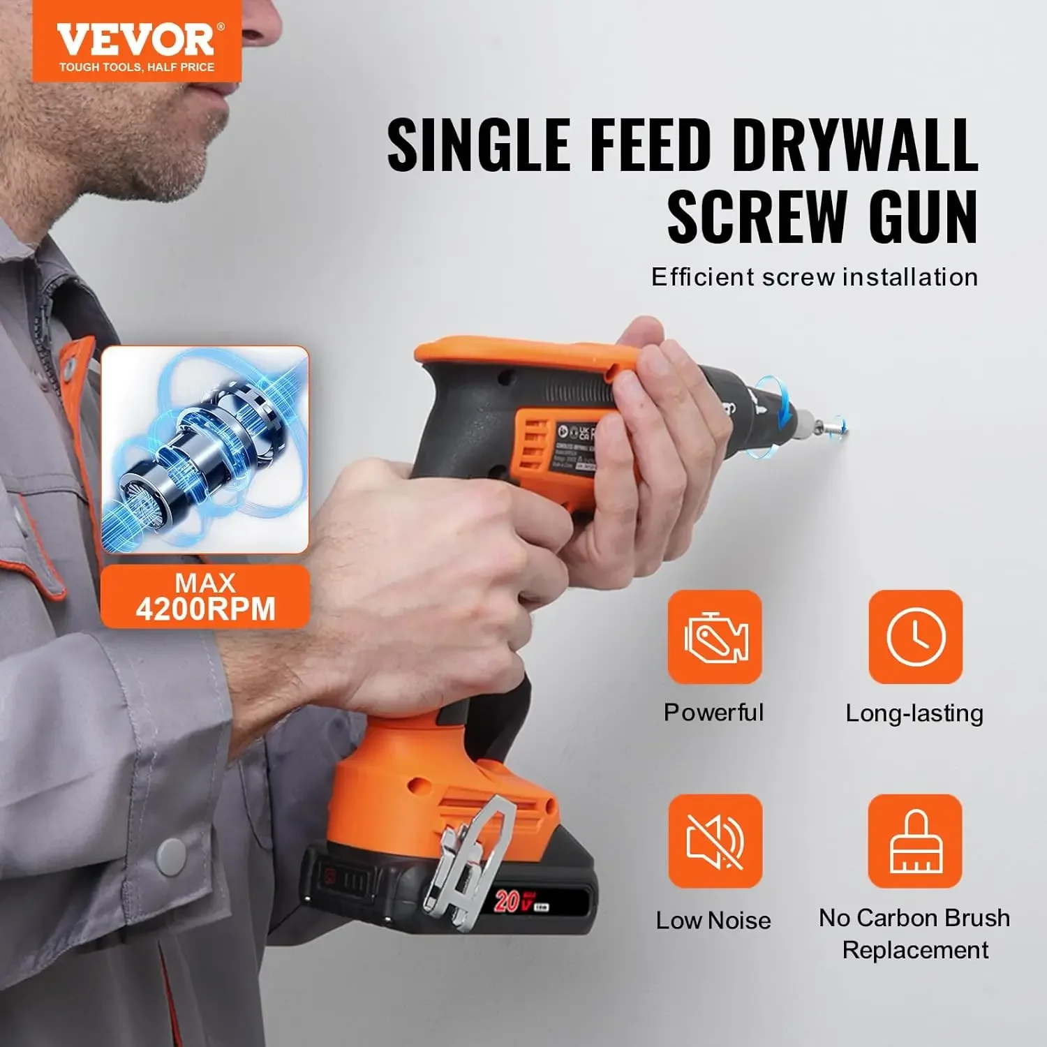 Drywall Screw Gun, 20V Max Drywall Screwgun, 4200RPM Brushless Cordless Drywall Gun Kit with 2 Battery Packs, Charger,