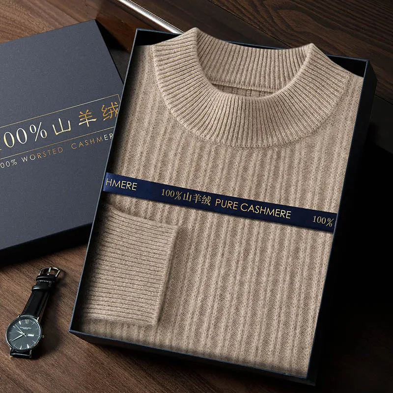 

Мужской свитер из 100% чистого козьего кашемира, толстый пуловер с полувысоким воротником и модным дизайном цепочки, зимний теплый повседневный трикотаж