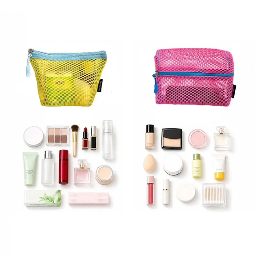 Candy Color Nylon Mesh Cosmetic Bag Portable Zipper Closure Cosmetic Storage Bag Mesh Travel Sundries Bag For Travel
