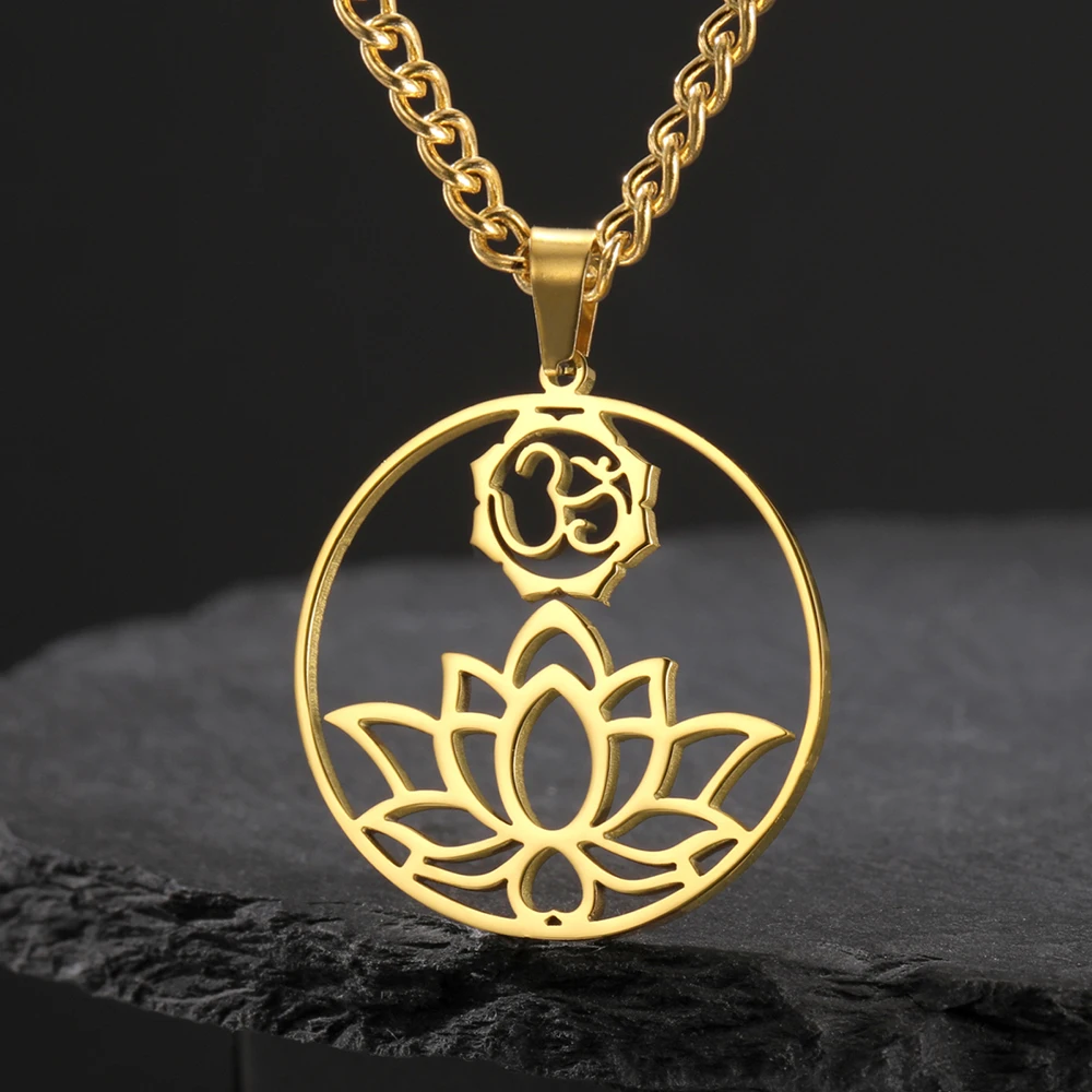 Dawapara Lotus Flower Mandala OM AUM Symbol Necklace Buddhist Chakra Yoga Jewelry Spiritual Amulet Stainless Steel