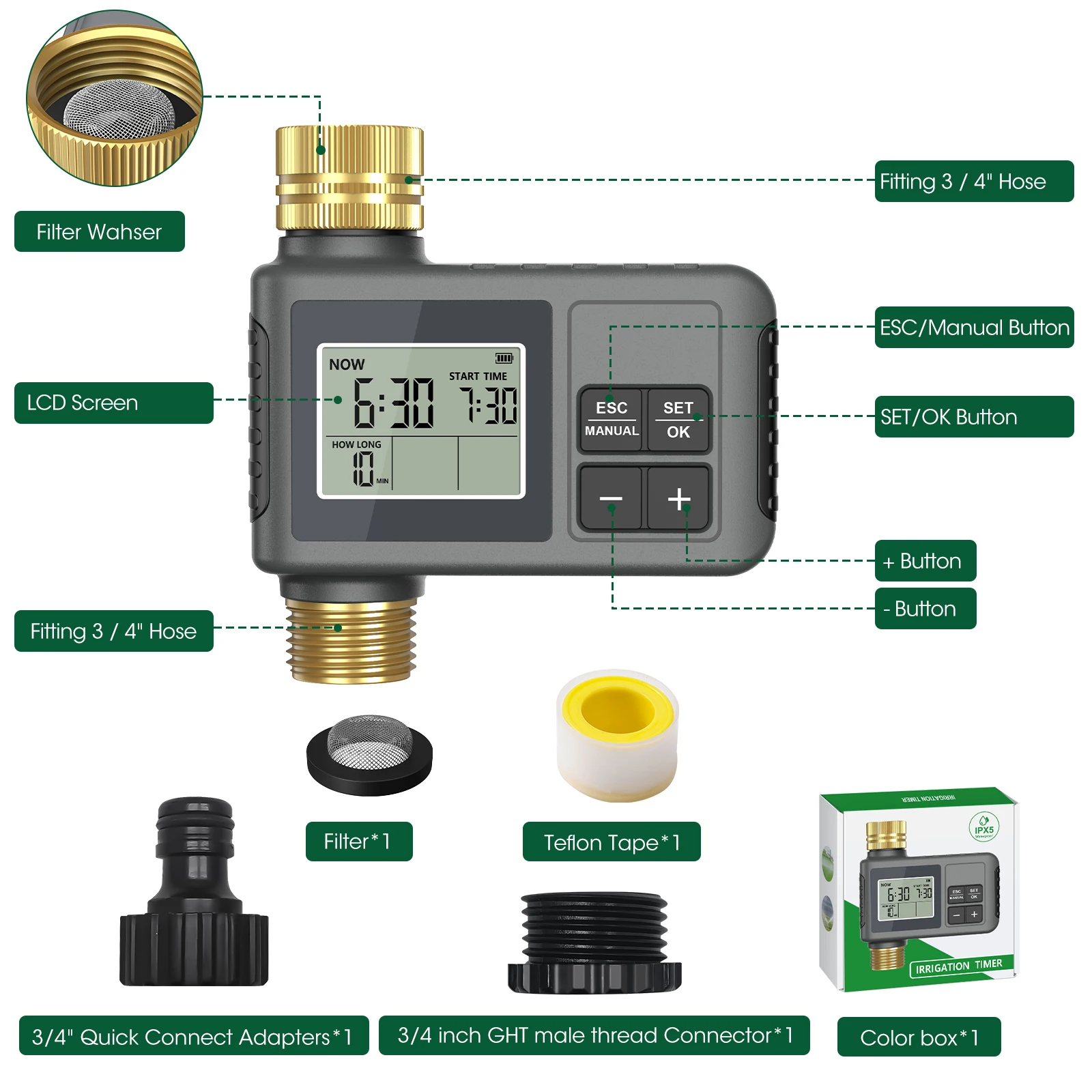 Insoma Automatischer Bewässerungstimer Intelligentes Bewässerungssystem Sprinkler-Timer Gartenprogrammiergerät IPX5 LCD-Display – Detail 11