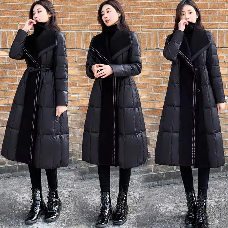 Fashion Brand Large Lapel Black Down Jacket 2024 New Winter Women's Slim Long Down Jacket Female Thicken Warm Parkas Overcoat