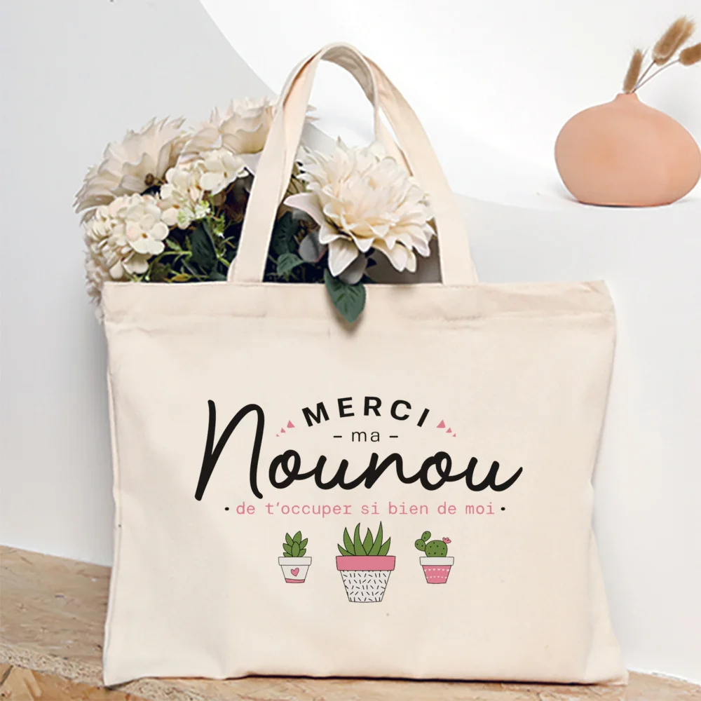 Thank You Nounou French Printed Women Tote Bag Canvas Shopping Bags Female Shoulder Bags Reusable Handbag Thanks Gift for Nounou