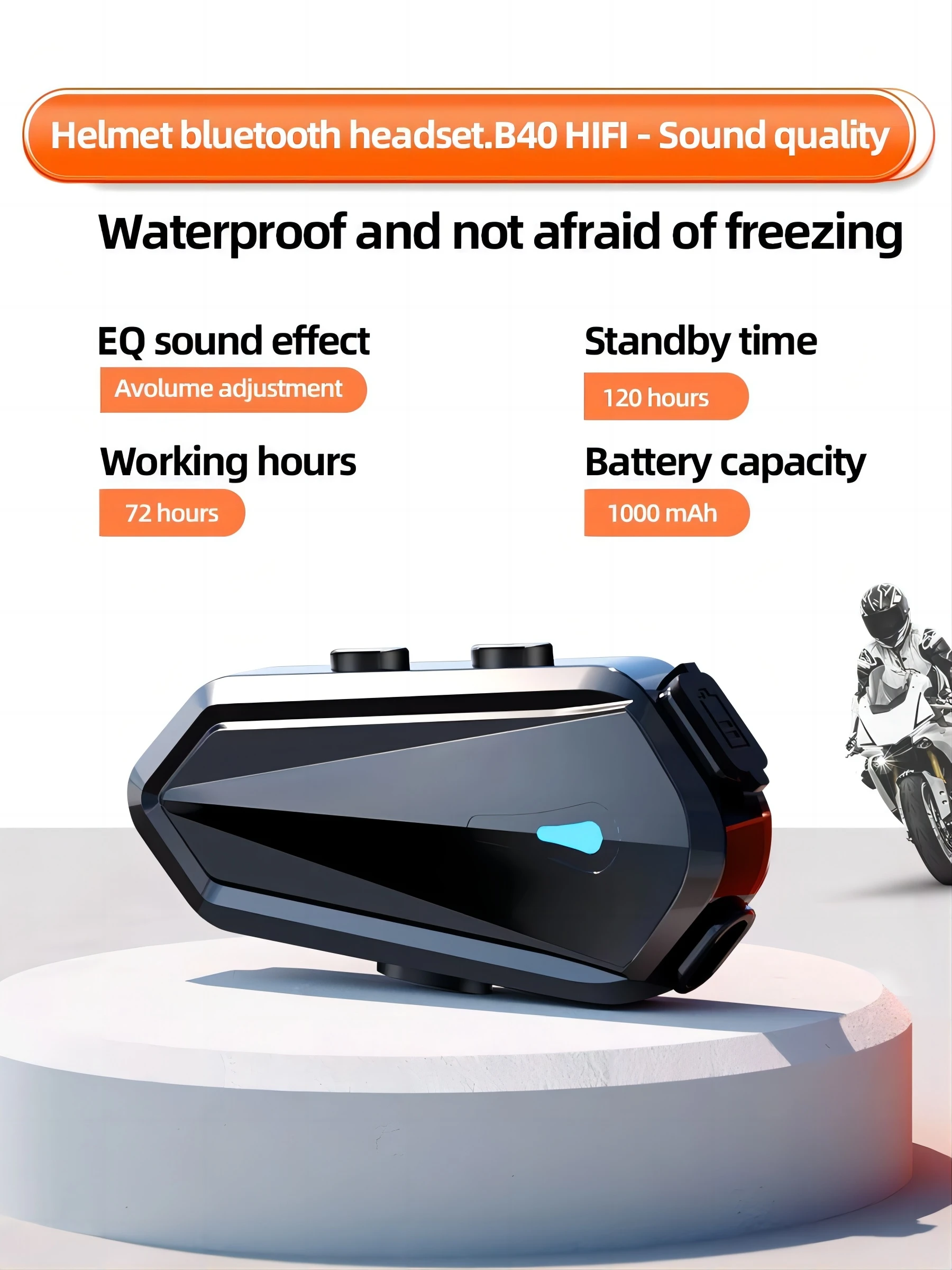 Motorcycle Helmet Bluetooth Headset Waterproof Wireless Hands free Earphone Speakers Music Control Voice Assistant 1600mAh B40