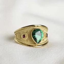New European and American compound palace water drop ring plated 18k gold inlaid with green zircon ring jewelry