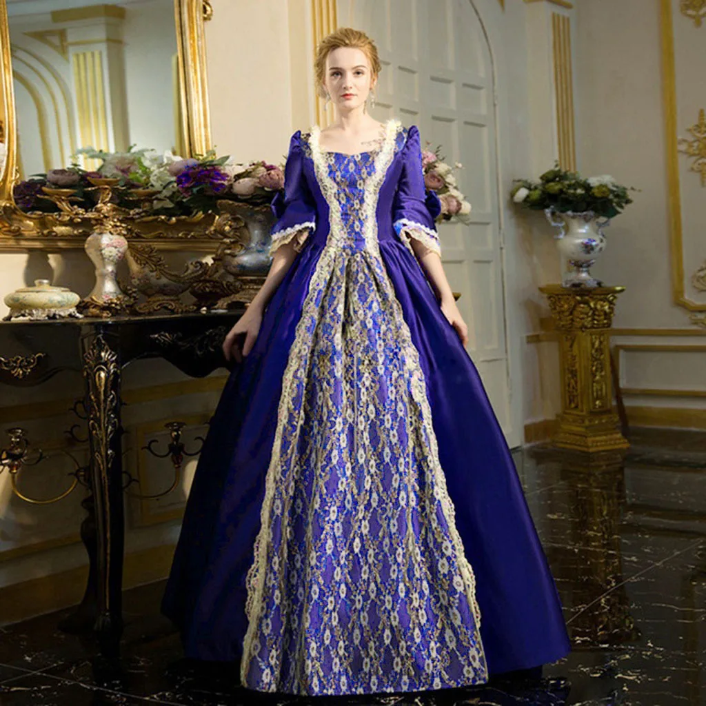 18th Century Medieval Women High Waist Half Sleeve Ball Gowns Princess Lace Patchwork Satin Dress Queen Renaissance Costume