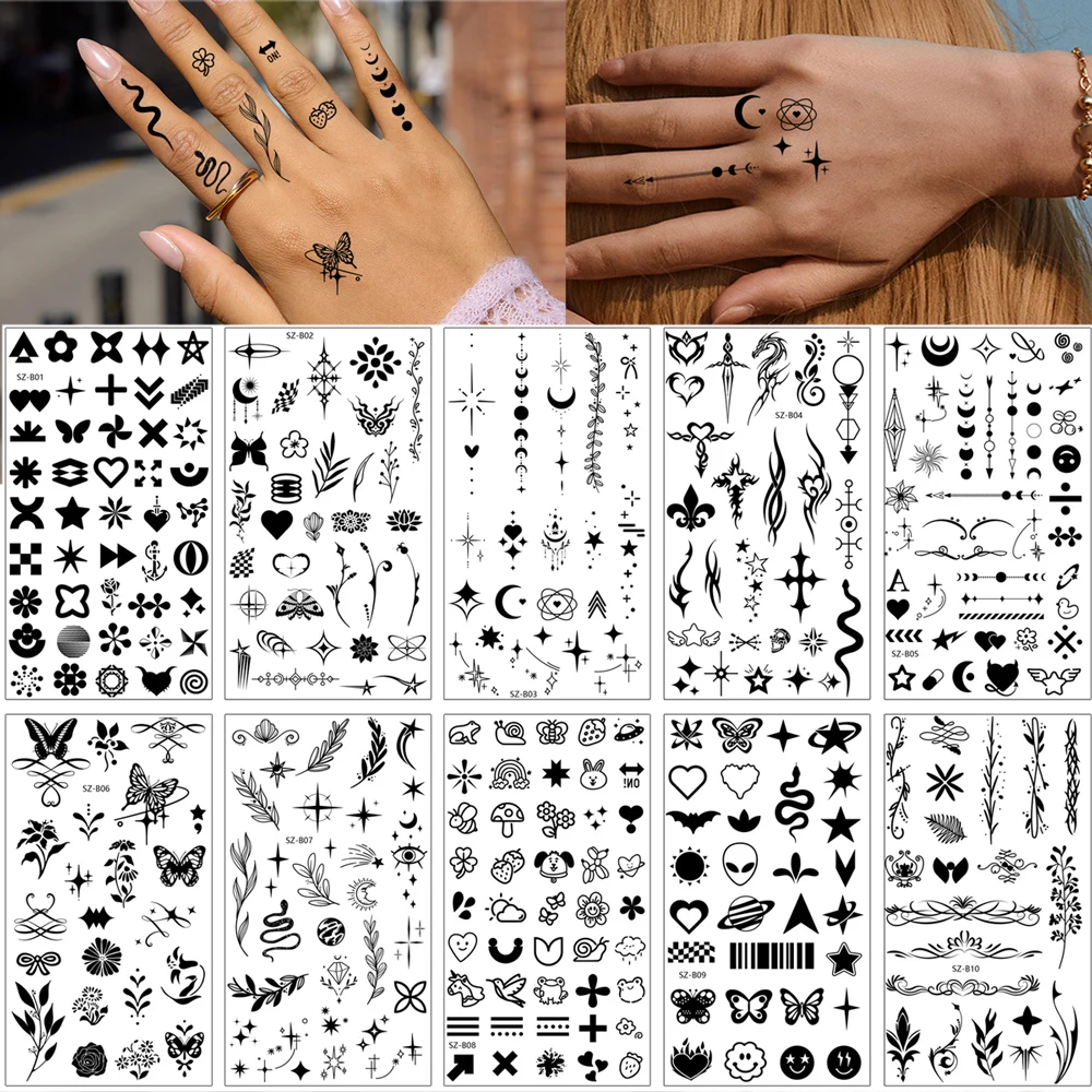 

10 шт. наклеек-татуировок для рук и пальцев, водонепроницаемые временные татуировки для женщин и мужчин, татуировки с бабочками и луной, водостойкие.