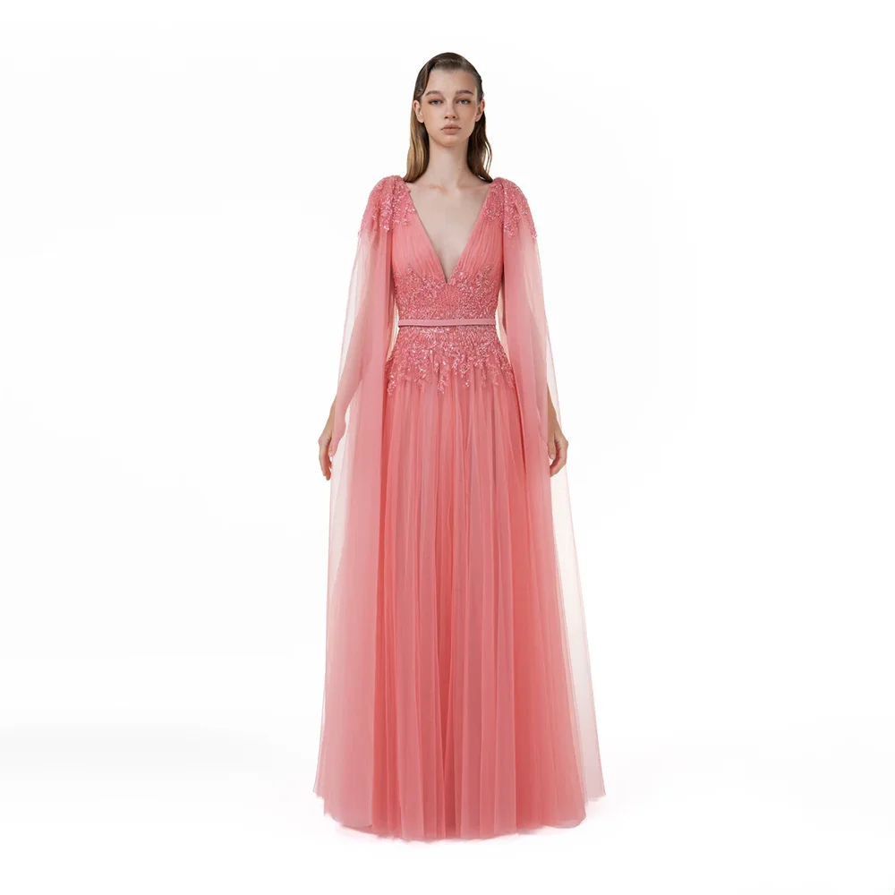 

Luxury Evening Dresses V-Neck Long Sleeves Bead Crystal A-line Evening Gowns Floor Length Prom Dresses Customized 2025