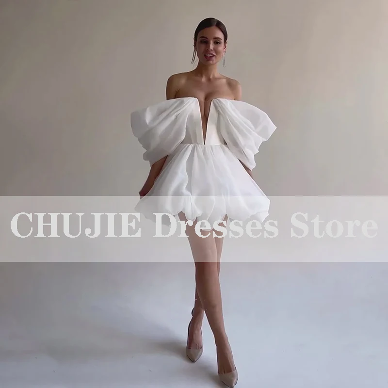 CHUJIE White Short Wedding Dresses Puffy Off Shoulder Bride Dress Lace Up A Line Evening Party Gowns Cocktail Dresses for Women