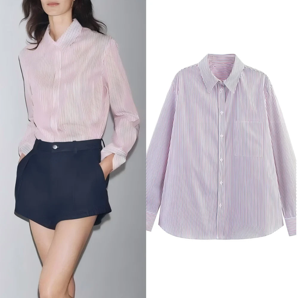 

Women's new fashion pocket decoration loose striped poplin shirt retro long sleeved button up women's shirt chic top
