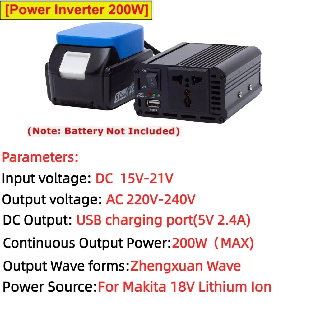 Adaptador de tomada de inversor de energia portátil 200W para Makita 18/20V de íon de lítio, DC 18V/20V para AC 220V alimentado com USB 5V2.4A