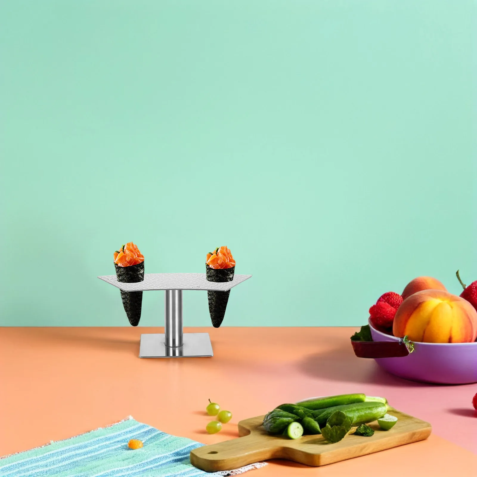 

Sushi Hand Roll Stand Stainless Steel Japanese Style Two Holes Ice Cream Cone Holder Display Rack Waffle Sugar Cream Cones