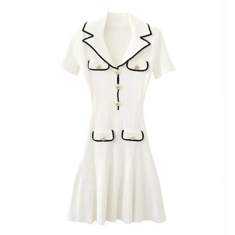 エレガントな夏の半袖ニットドレス女性秋黒、白シングルブレストシースレトロプリーツニットセータードレス