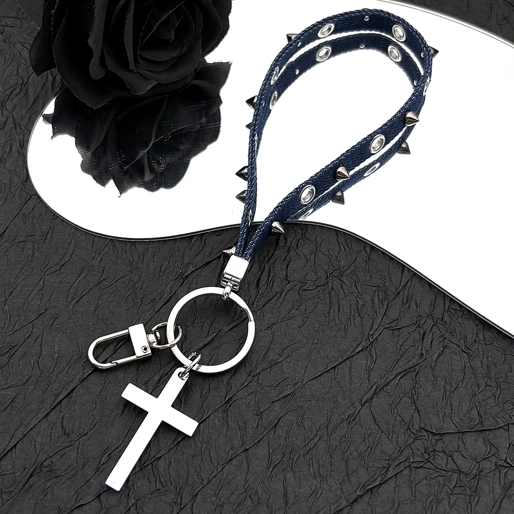Neue Niet Leder Seil Kreuz Schlüsselbund Goth Kreative Punk Tasche Hängen Seil Geschenk Trendy Charme Christentum Schlüsselanhänger Schmuck – Detail 11
