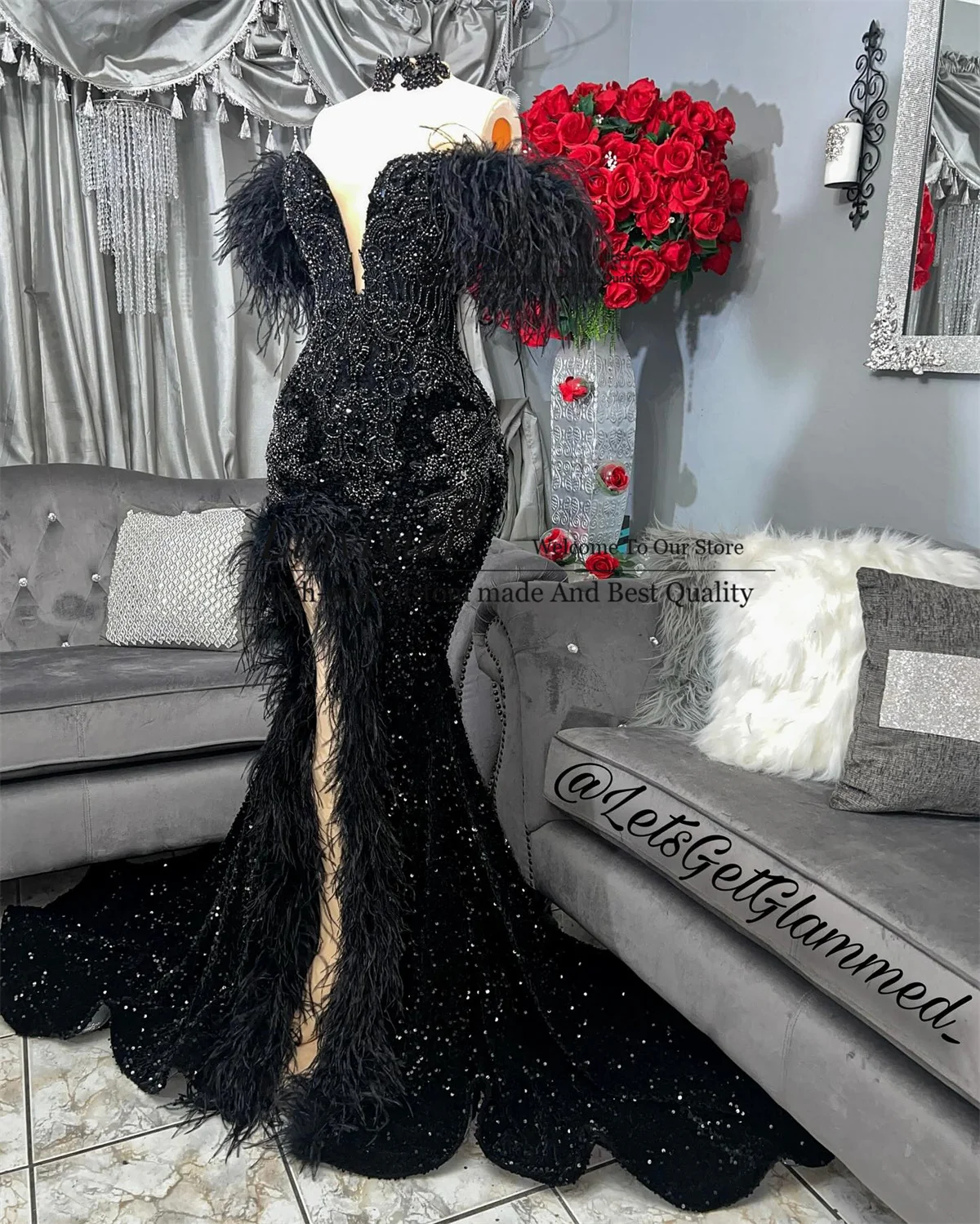 Luksusowe suknie wieczorowe z koralikami i kryształkami Mermaid Prom Dresses Feathers Appliques Evening Party Gowns Sexy Slit Long Black Girl robes