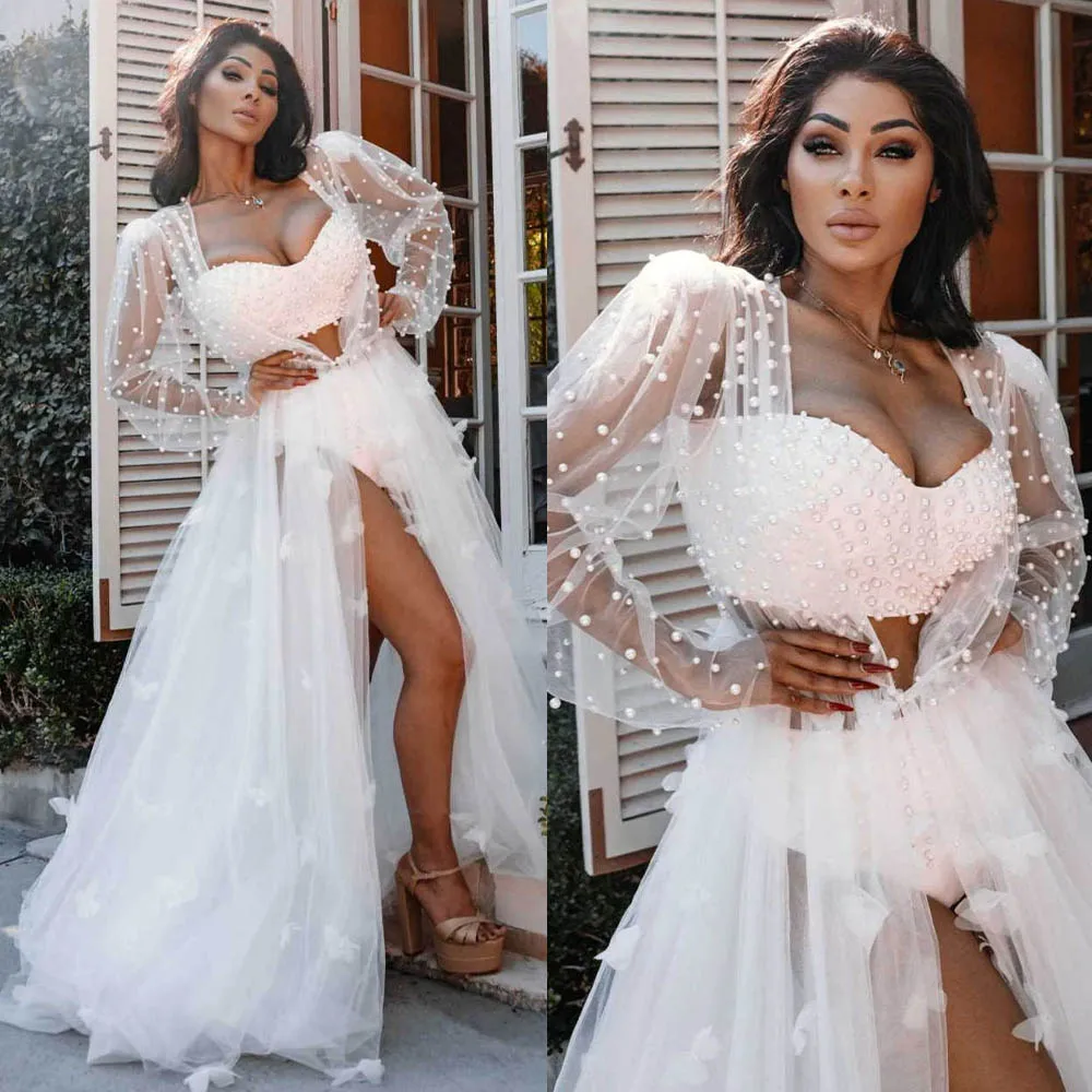 White Peal Wedding Bridal Sleepwear Pajamas Butterfly Women's Bathrobe Long Sleeves Ruched Tulle Bridal Robe Nightgown