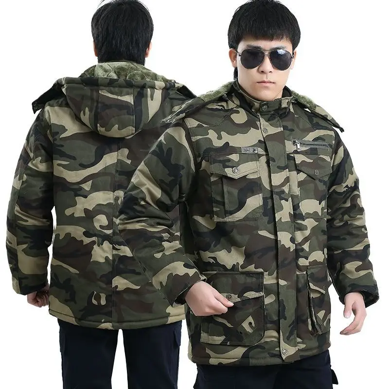 Winter Warm Windproof Labor Protection Top Plush Thickened Cotton Coat Camouflage Electric Welding Machine Repair Work Clothes