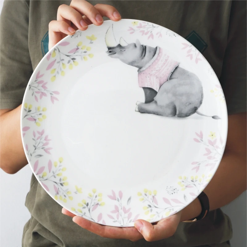 10.6 Inch Cartoon Animal Dinner Plate Ceramic Elephant Dinner Dishes Big Serving Plate Pasta Dessert Plate Saucer Microwave Safe