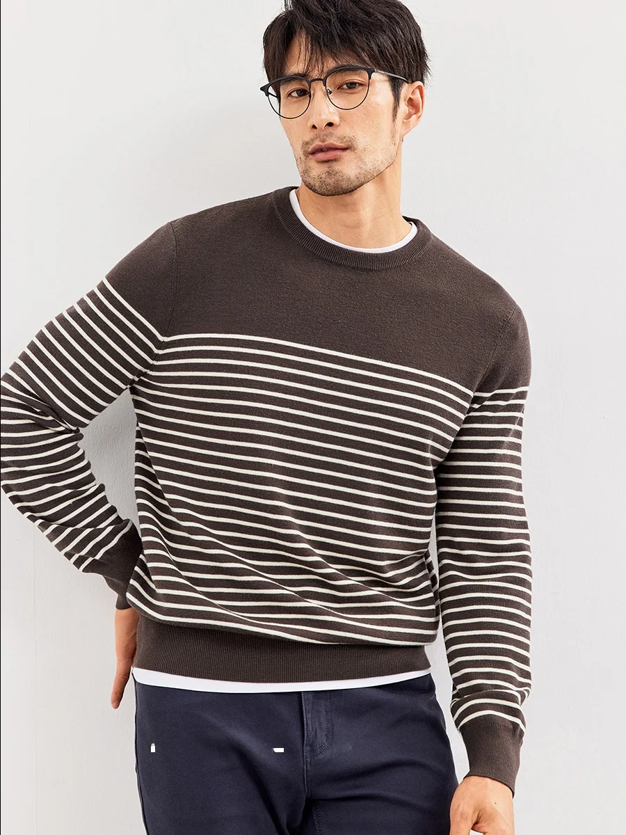 

Утепленный мужской свитер из чистой шерсти с круглым вырезом, в полоску, повседневный, модный, городской стиль, с длинным рукавом
