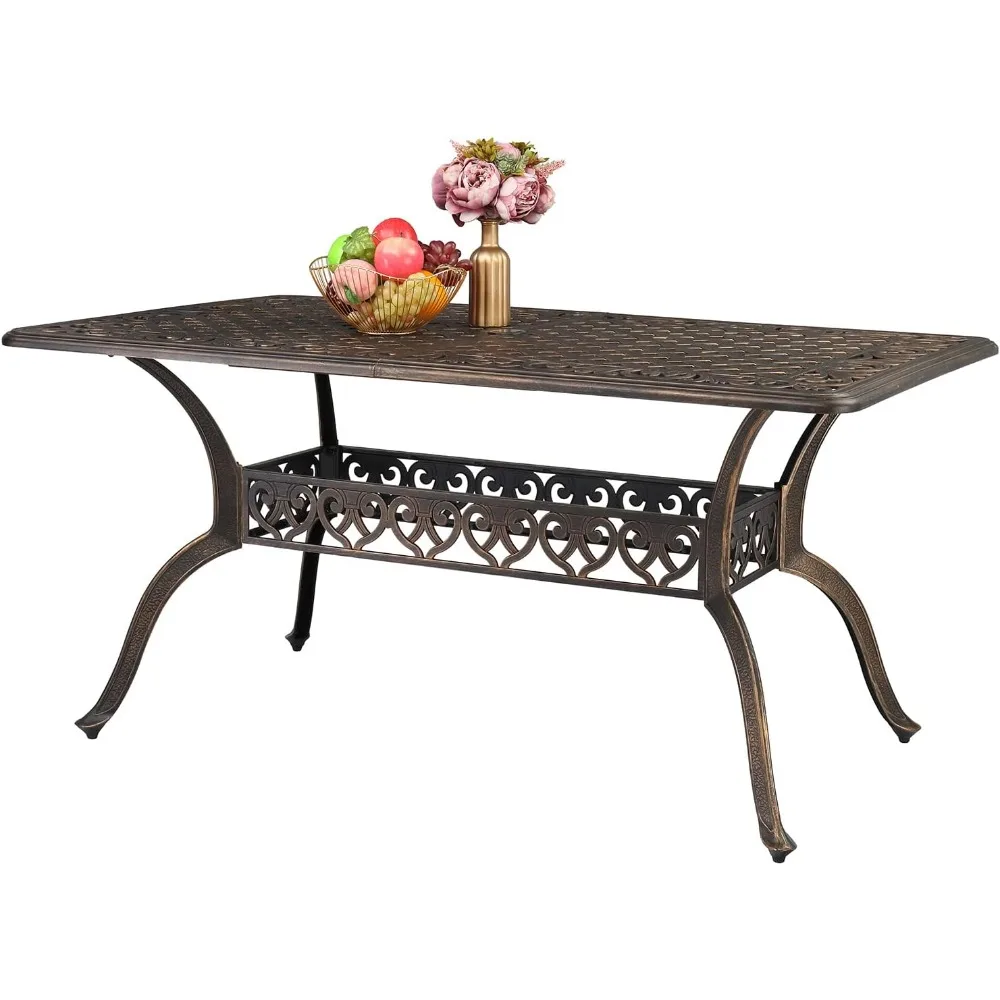 

6-Person Outdoor Dining Table, Cast Aluminum Patio Dining Table with Umbrella Hole, Rectangle Patio Table Outdoor Furniture Gar