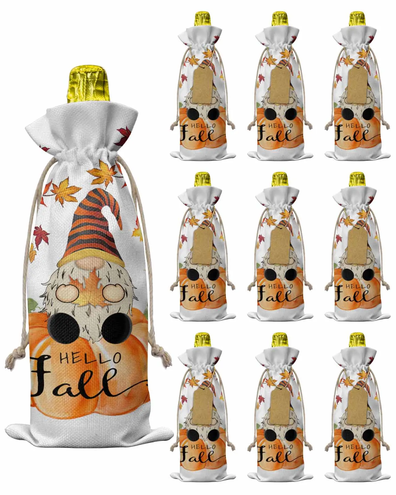 10pcs Leaf Pumpkin DwarfWine Bottle Bag with Drawstring Festive Party Decor Wine Bottle Covers Gift