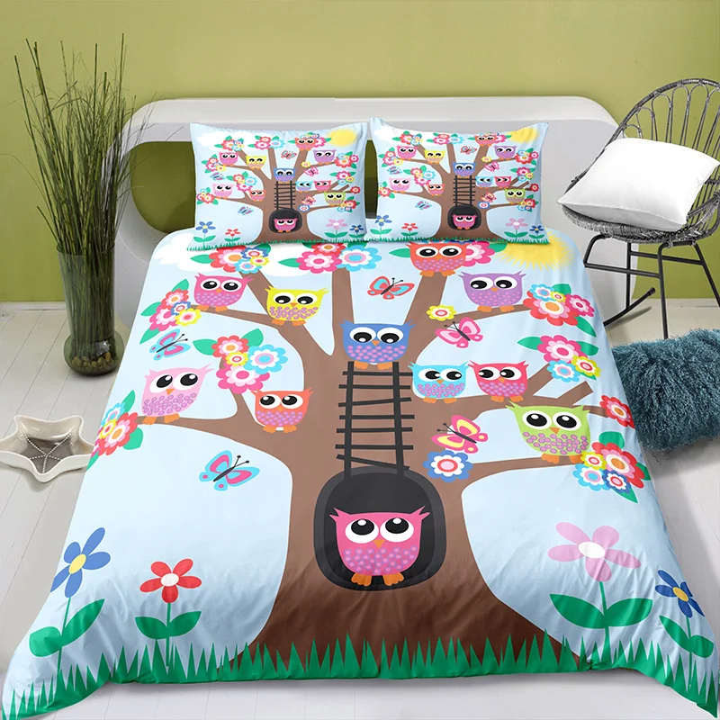 

Cute Owl Duvet Cover with Pillow Cover Blue Bedding Set Single Double Twin Full Queen King Size Bed Set for Kawaii Bedroom Decor