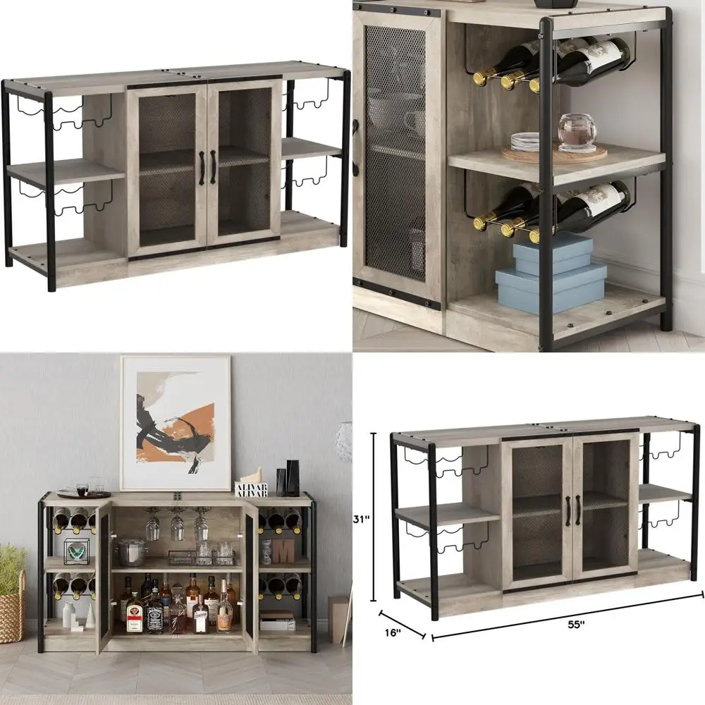 

Grey Home Bar Cabinet with Storage, Wine Rack, and Glass Holder for Dining, Living, and Kitchen Areas
