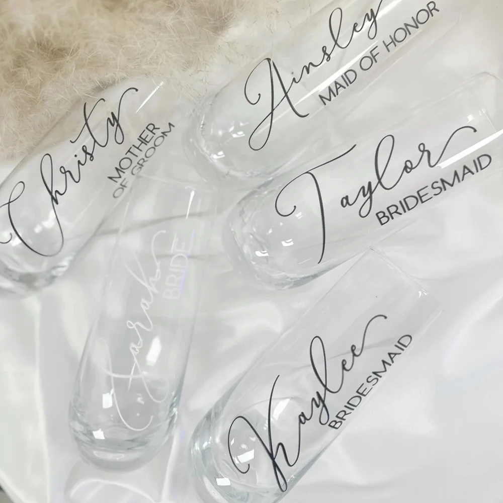 

Personalized Stemless Champagne Flutes Bridesmaid Cups Wedding Mother Of The Bride And Groom Champagne Wine Cocktail Glasses